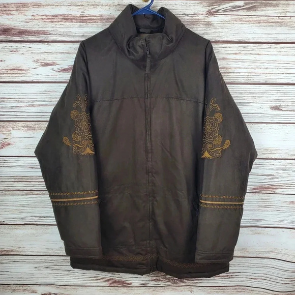 Cabelas Womens Large Brown Embroidered Goose Down Faux Suede Puffer Coat - Picture 1 of 12